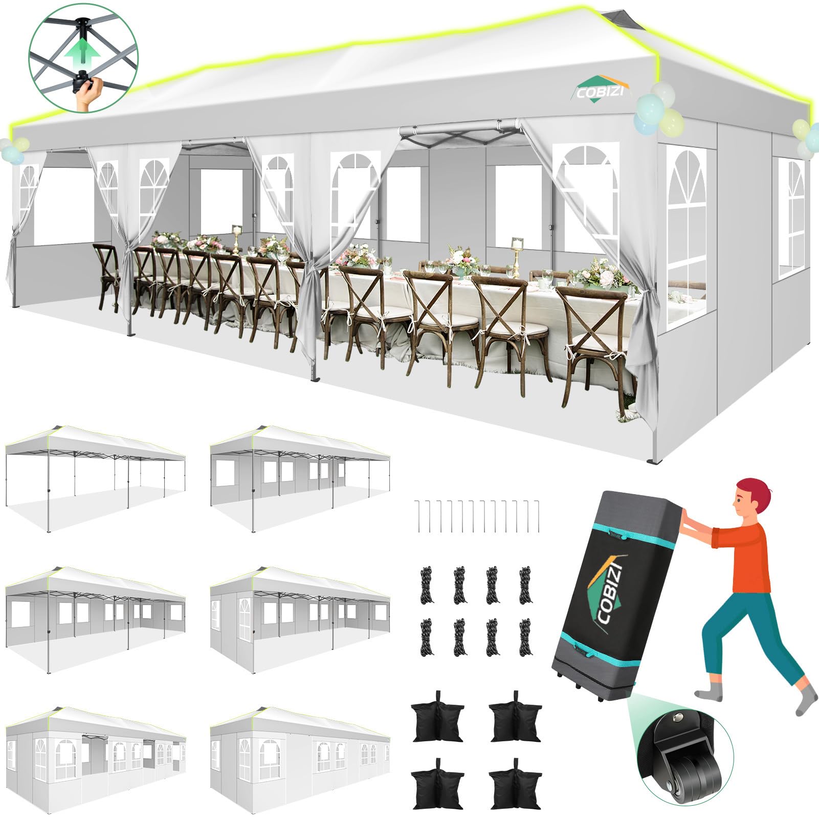 Photo 1 of ***PARTS ONLY***
COBIZI 10x30 Pop Up Canopy Tent with 8 Removable Sidewalls, One Push Party Tent Outdoor Waterproof Event Canopy with Air Vent for Parties Commercial Wedding, 3 Height, Roller Bag, Sandbag, White