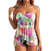Tempt Me Womens Two Piece Bathing Suits Halter Bandeau Tankini Top Flyaway Swimsuit with Bottoms Tummy Control Swimwear