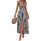 SOLY HUX Women's Tie Backless Cut Out Halter Dress Deep V Neck High Split Long Flowy Dresses