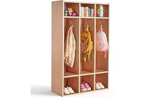 VEVOR 3-Section Kids Coat Locker, Wooden Toddler Cubby Storage Organizer with 6 Hooks & Non-Slip Mat, Modern Kid Coat Cubbies