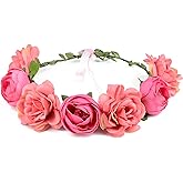 HoveBeaty Flower Crown Rose Peony Garland Headband Hair Wreath Floral Headpiece with Adjustable Ribbon Wedding Festival Party (pink)