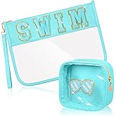 Hillban 2 Pcs Swim Bag Chenille Letter Preppy Patch Makeup Pouch Flat Clear Pouch PVC Organizer Purse Waterproof Travel Cosmetic Bags Pool Swim Coach Team Gifts for Women