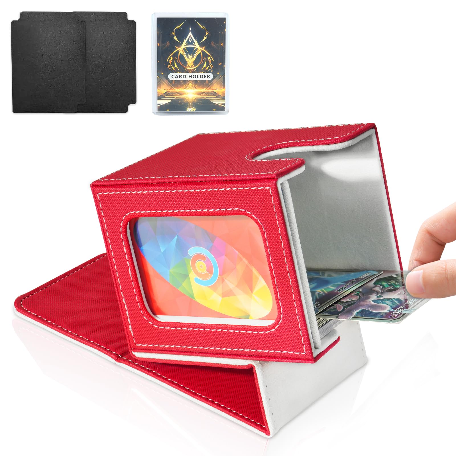 Jaffzora Card Deck Box for MTG Commander, Magnetic Card Display Case,TCG Card Storage Box, Holds 100 Double-Sleeved Cards,Red & White