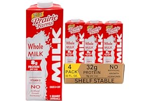 PRAIRIE FARMS DAIRY Prairie Farms Whole Milk, Shelf Stable, Boxed & Ultra Pasteurized (UHT), Vitamin D White Milk - Preservative and Hormone Free, Gluten Free, Kosher, Made in USA - 1 Quart (4 Pack)