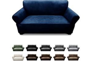 Pfrstuv Loveseat Sofa Slipcover Leather Look Couch Covers for 2 Seater Couch Sofa 1-Piece Sofa Cover Stretch Furniture Protector with Elastic Bottom & Pockets(Loveseat, Navy)