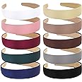 Wecoe 10 Pack Satin Headbands - 1.3 Inch Wide Assorted Colors (White, Blue, Pink, Red, Green, Brown, Khaki, Natural) Non-Slip Fashion Hair Accessories for Women, Girls & DIY Holiday Costumes