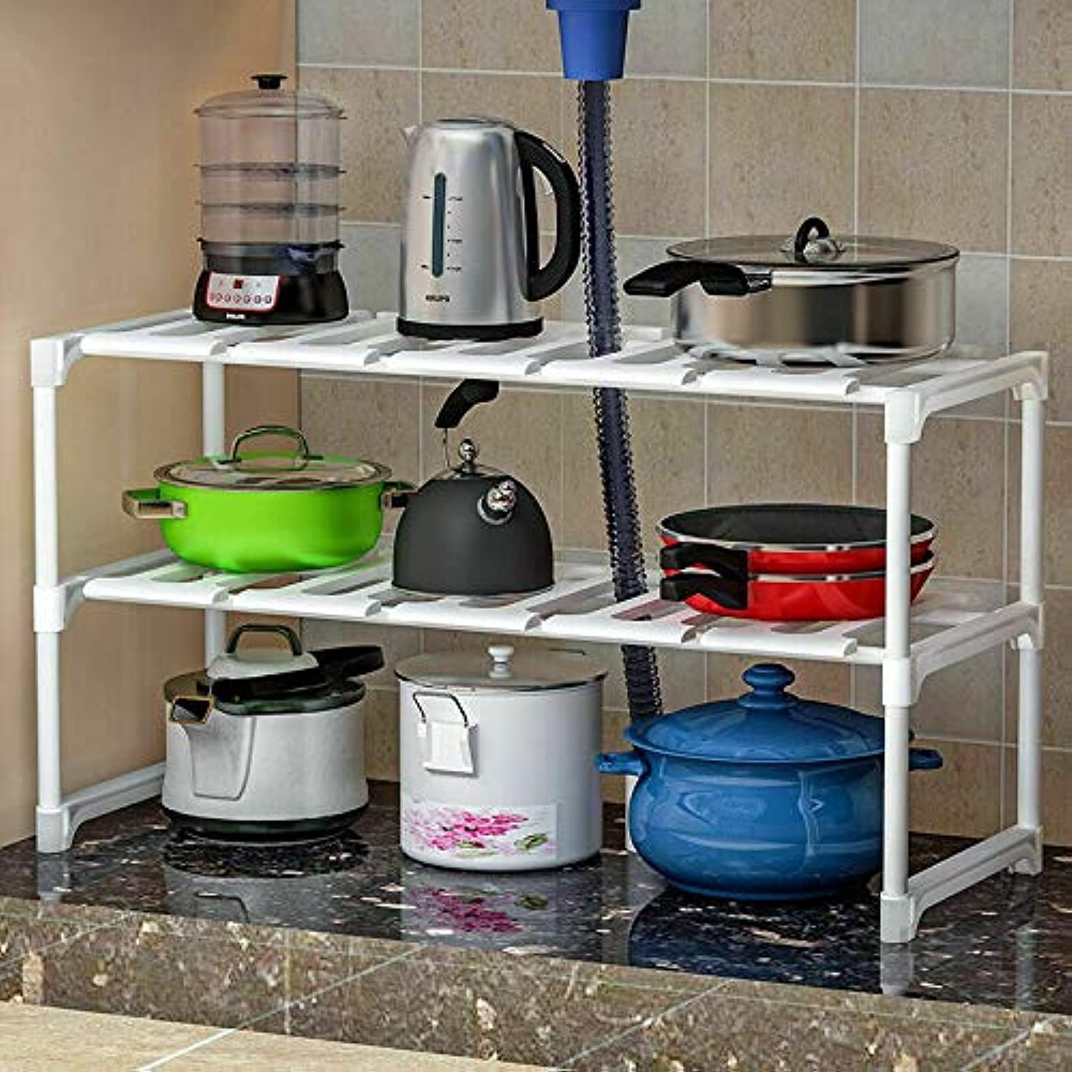 FiNeWaY 2 Tier Extendable Under Sink Storage Caddy, Adjustable Multipurpose Kitchen Organiser Unit with Stainless Steel Pipes - White