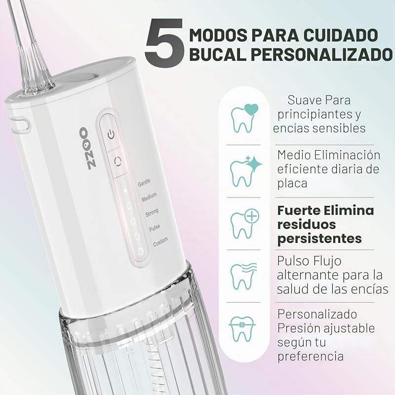 Irrigador bucal de viaje, irrigador oral de bolsillo inalámbrico, 5 modos de presión, 6 puntas de chorro, diseño compacto recargable por USB (Nube)