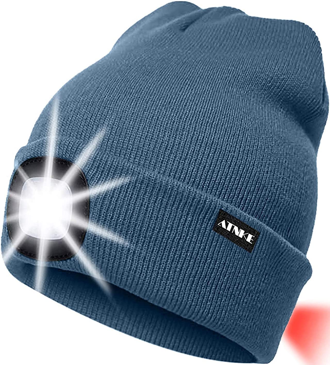 ATNKE 8LED Lighted Knit Hat,USB Rechargeable Running Headlamp Cap Ultra Bright Waterproof Light Lamp and Flashing Alarm Red Tail Light Multi-Color/Shadow Blue