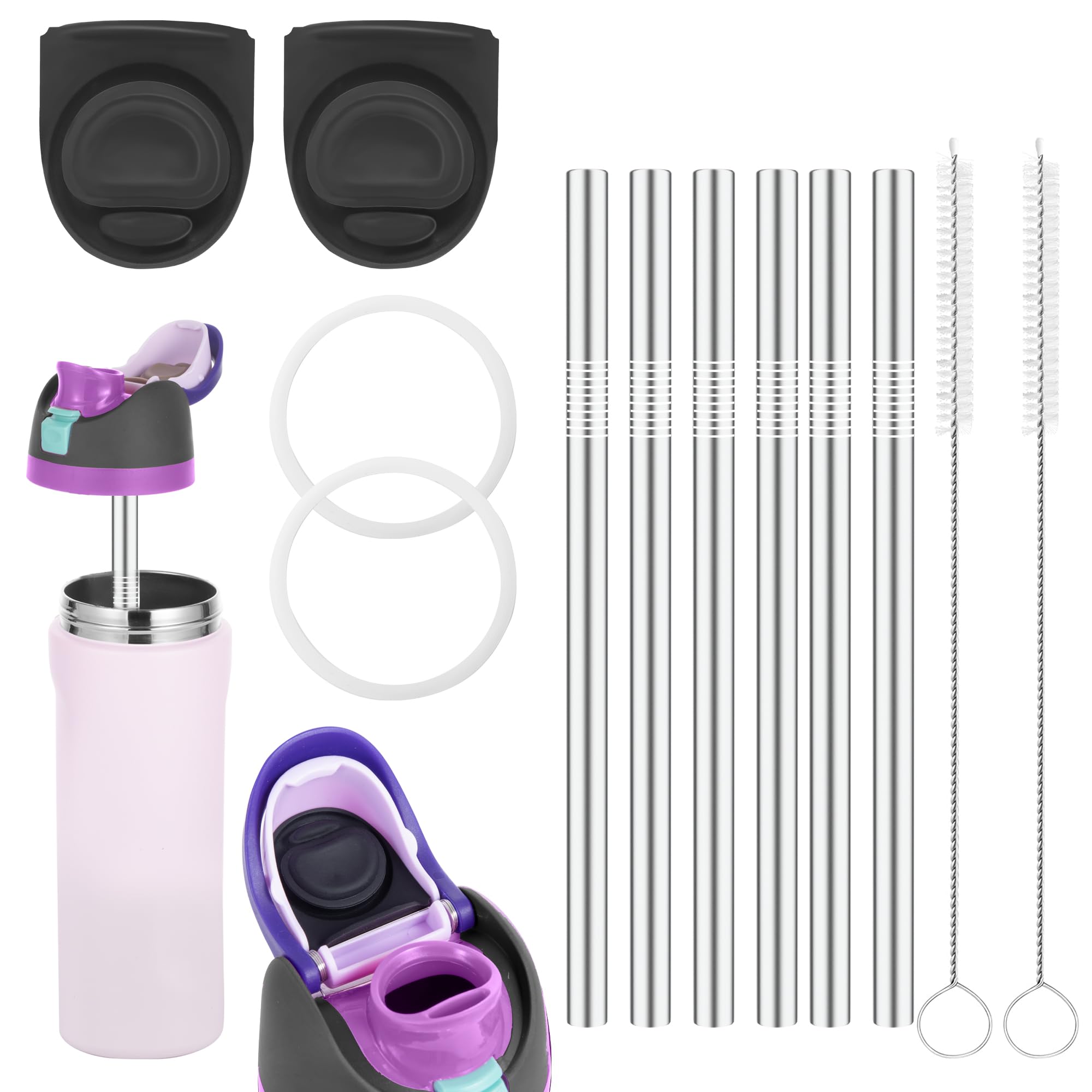Photo 1 of 12PCS Replacement Straws Compatible with Owala 24oz/32oz with 2 Cleaning Brushes 6 Reusable Stainless Steel Straw 2 Water Bottle Seal Ring 2 Replacement Stopper for Owala Freesip
