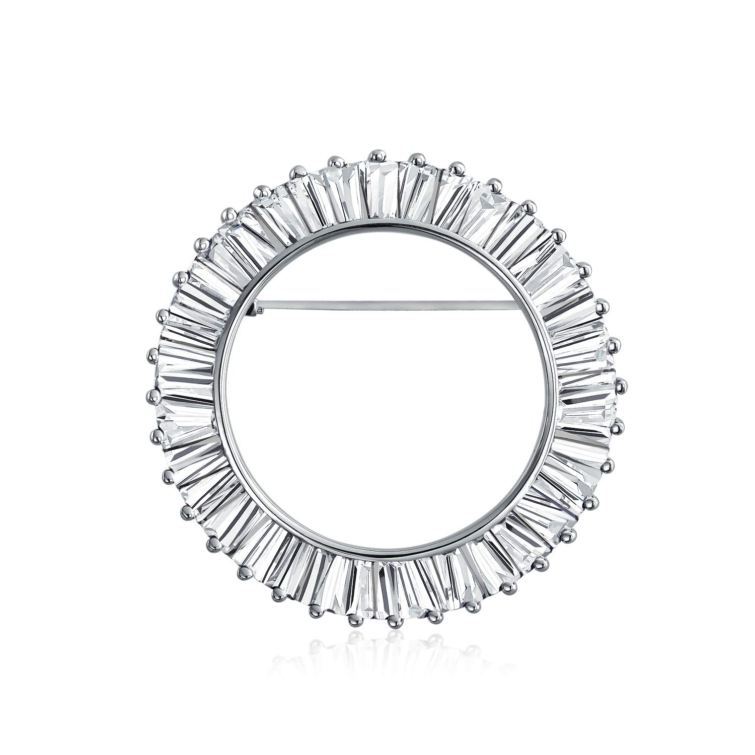 Circle Of Life Baguette Cut CZ Clear Eternity Round Design Scarf Brooch Pin For Women Silver Plated Medium Size 1.5 Diameter