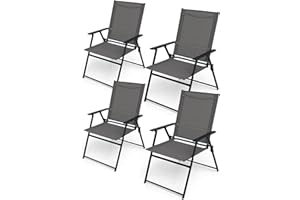 Anmutig Patio Folding Chairs Set of 4, Outdoor Portable Dining Chair with Sling Back and Armrests for Lawn Camping Courtyard Balcony Garden Grey