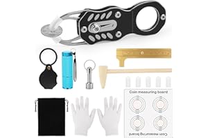Pletpet 16Pcs Silver Coin Tester Kit, Coin Ping Tester for Resonance Testing and Size Comparison, Magnifying Glass/Hammer/Keychain/Measuring Board/Caliper/Bag/UV Light/Gloves/Protective Covers