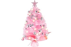 Siebwin 24 Inch Mini Christmas Tree, 2Ft Pink Table Top Artificial Christmas Trees with Led String Light, Tree Topper, Christ