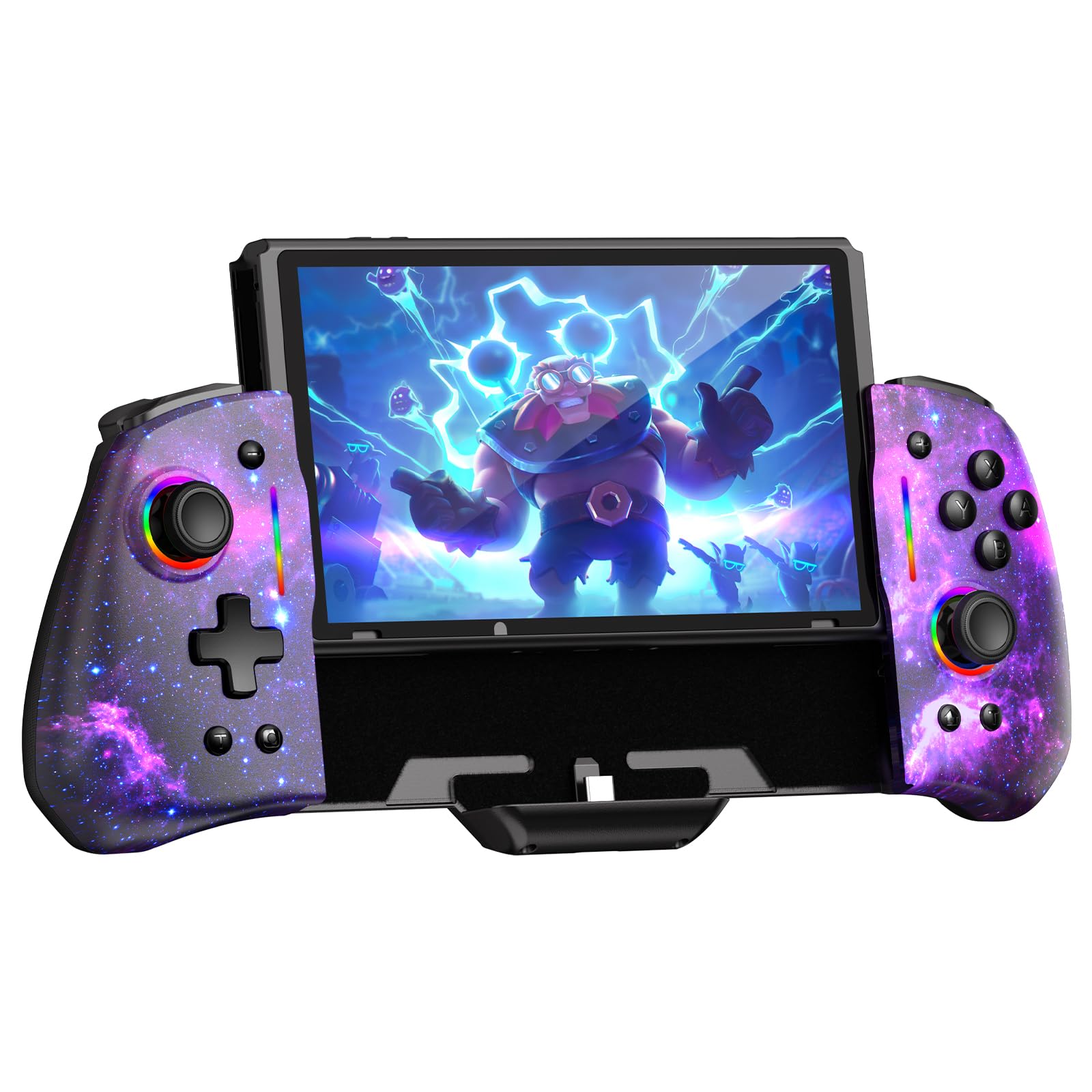 Photo 1 of NexiGo Hall Effect Gripcon (No Drift, No Deadzone) with Hall Sensing Joystick for Switch/Switch OLED, Adjustable RGB Light, 6-Axis Gyro, Turbo, Mapping (Cosmic Nebula)