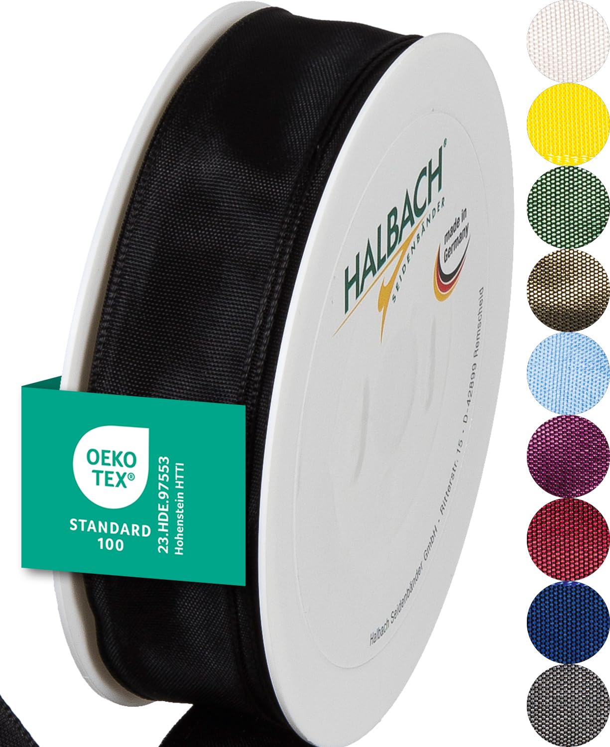 Halbach Seidenbänder Premium Gift Ribbon with Wired Edge | Width 25 mm Length 25 m | Oeko-Tex 100 Certified Taffeta Ribbon Made in Germany, Colour: Black — image 1