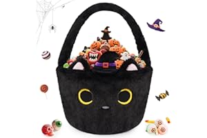 JIZWPOOM Halloween Basket, Black Cat Plush Halloween Baskets for Kids, Trick or Treat Bucket, Black Cat with Witch Hat Decor, Gift Candy Bucket with Handle for Halloween Party Home Decoration Bins