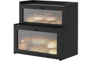 Furshus Double Layer Bamboo Bread Box for Kitchen Counter,Bread Holder,Countertop Bread Storage with Window (Black)