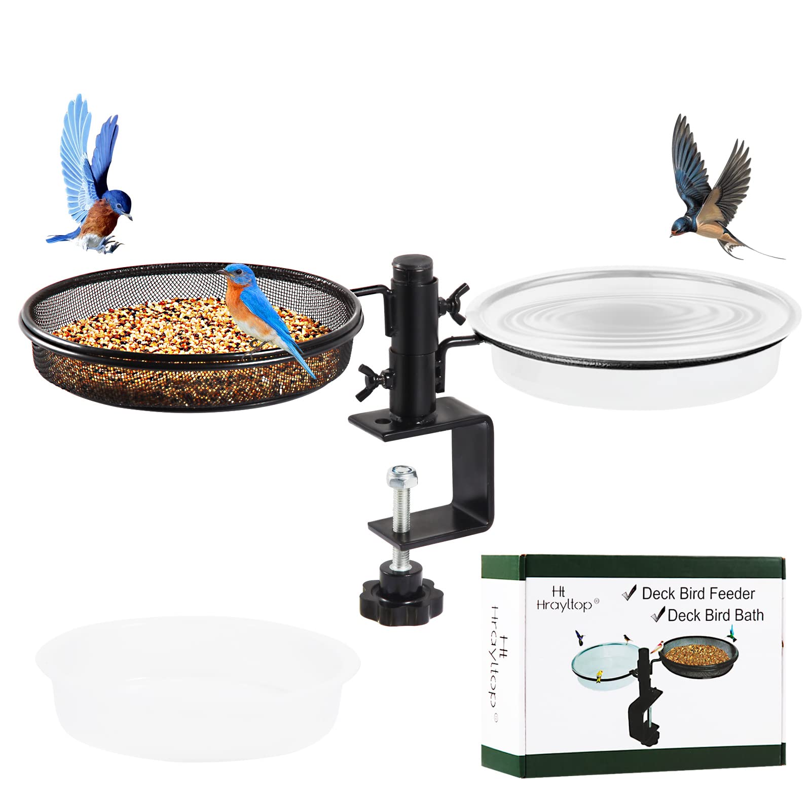 HRAYLTOP Deck Bird Feeders with Metal Mesh Tray and 2 Water Bowls - Detachable Adjustable Heavy Duty Clamp Bracket, Rail Bird Bath Balcony Porch Railing Feeder Perfect for Attracting Birds. — image 1