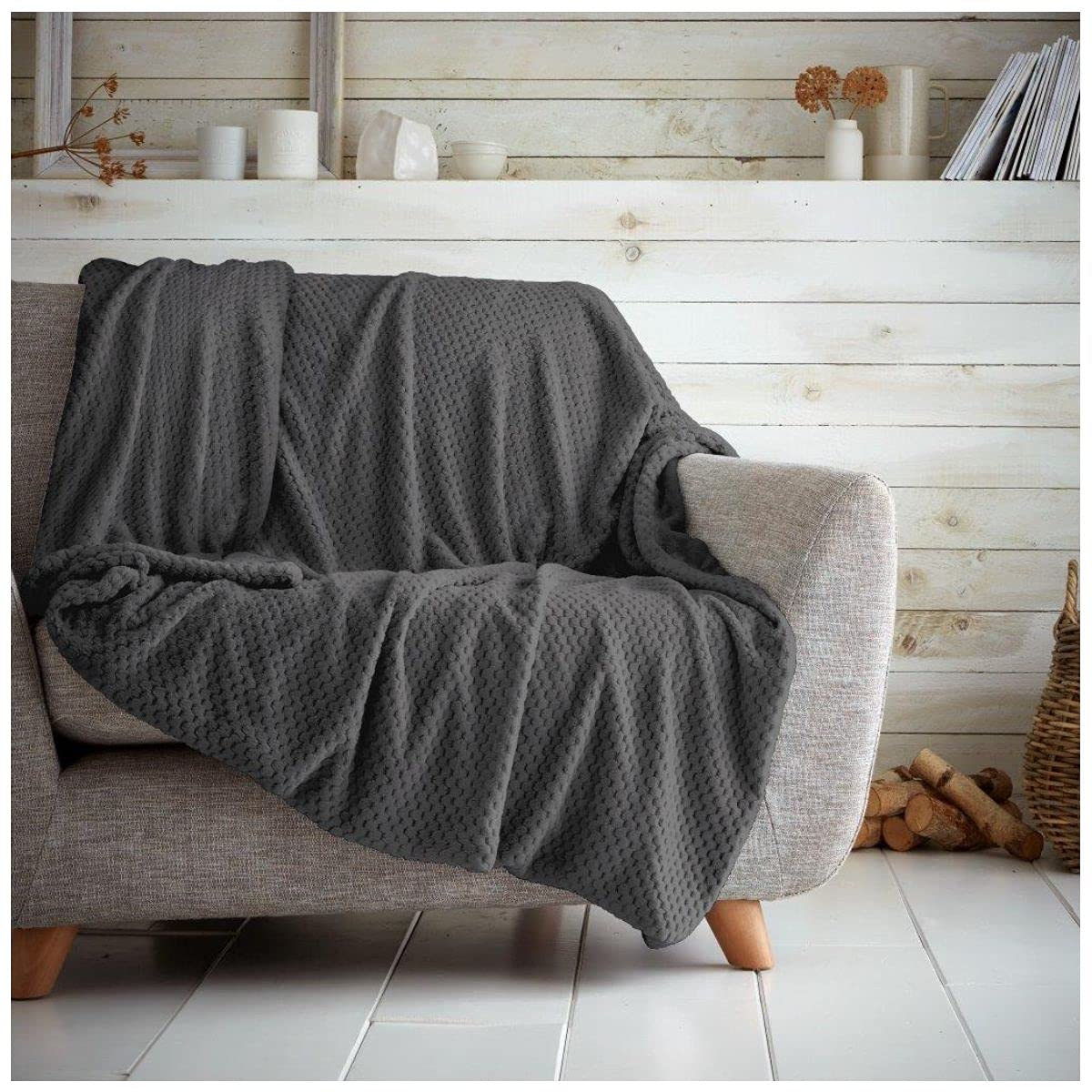 GC GAVENO CAVAILIA Luxury Popcorn Honey Comb Sofa Bed Blanket, Easy Care Super Soft & Warm Fluffy Settee Waffle Throw, Charcoal, 130X150,651123