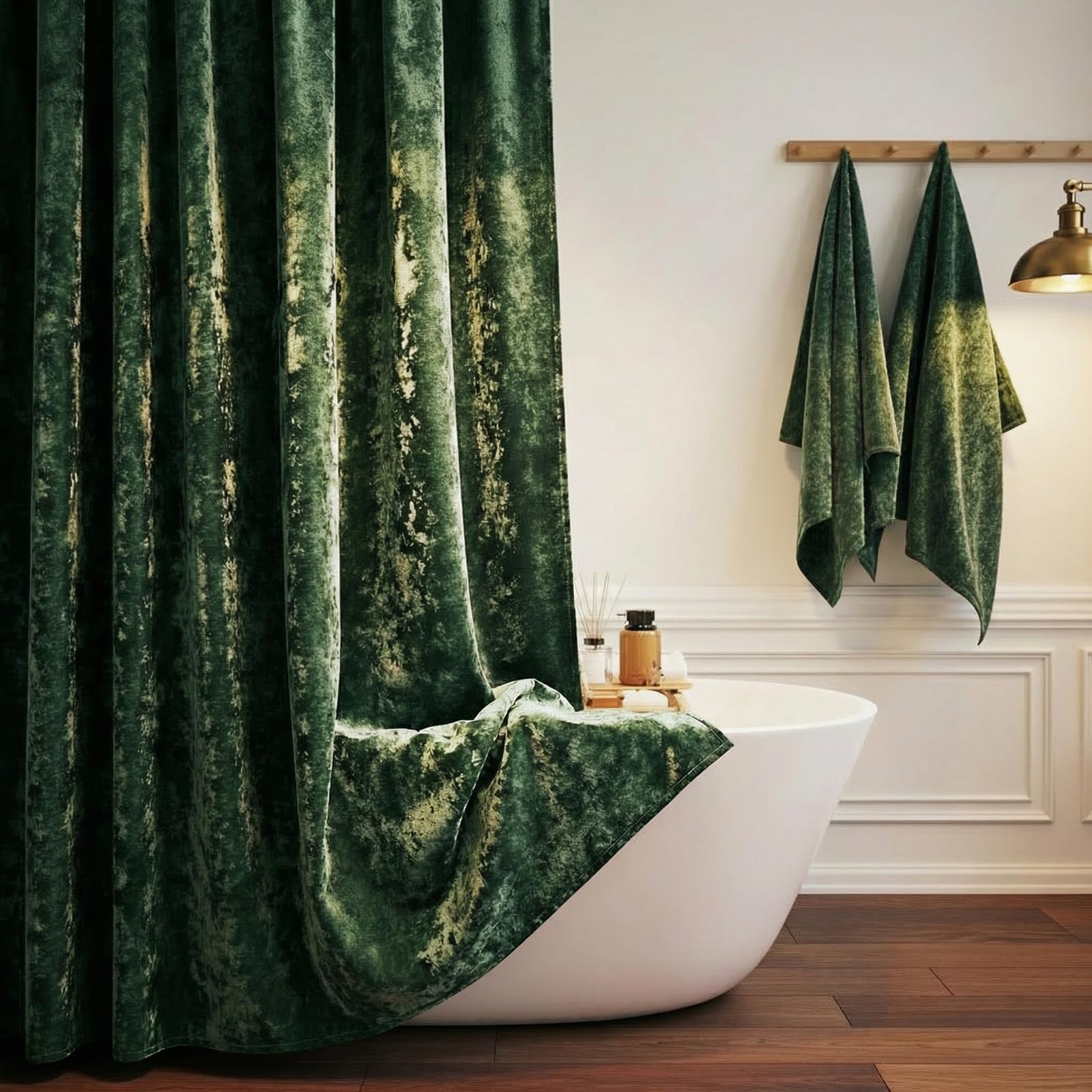 TAMGHO Crushed Velvet Shower Curtain, Dark Green, Luxury Forest Green with 12pc Gold Hooks, Waterproof Thick Fabric Bathroom Curtain 72x72