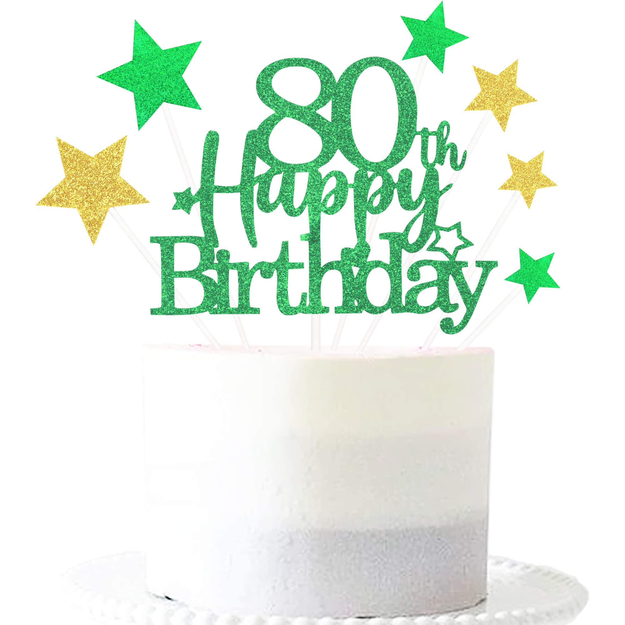 Glittery 80th Happy Birthday Cake Topper with Star,Personalised 80 Birthday Cake Toppers Party Decorations Party Supplies for Boys Girls Green Gold