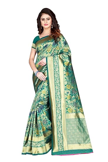Womens Banarasi Jacquard Silk Saree With Blouse Piece (Green)