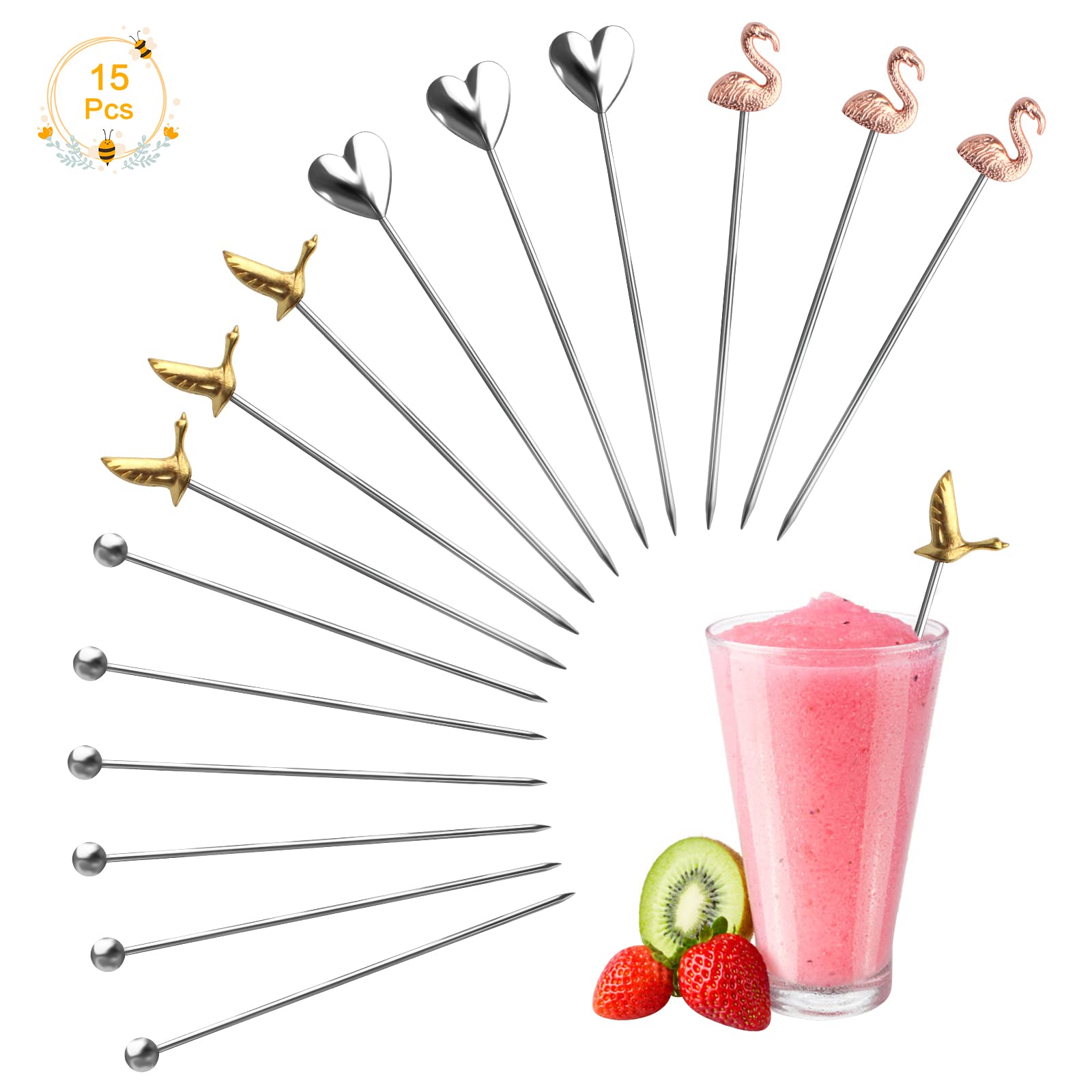 Ruicaifu 15PCS Stainless Steel Cocktail Picks, Reusable Fruit Stick Metal Martini Skewers Toothpicks Stirrer for Cocktail Sandwiches Barbeque Snacks Party Supplies(4 Shapes)