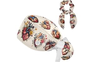 FVQL Surgical Caps for Women, Scrub Caps Women, Hearts Valentine's Day, Bouffant Nurse Cap Ponytail