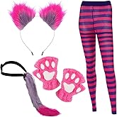 Toulite 4 Pcs Halloween Pink and Purple Striped Cat Costume for Girls Women Halloween Cat Cosplay Set Accessories Dress