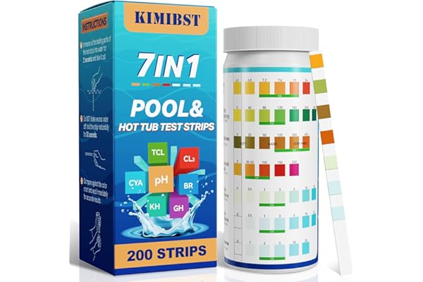 KIMIBST Pool Test Strips: 200CT 7-Way Professional Hot Tub & Spa Test Kit for Bromine pH Total Chlorine & Hardness Cyanuric A