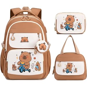 Similove Capybara Theme Backpack for Girls with Lunch Box & Pencil Case | Cute Girls Backpack Kawaii Bookbag for Girls Kingde