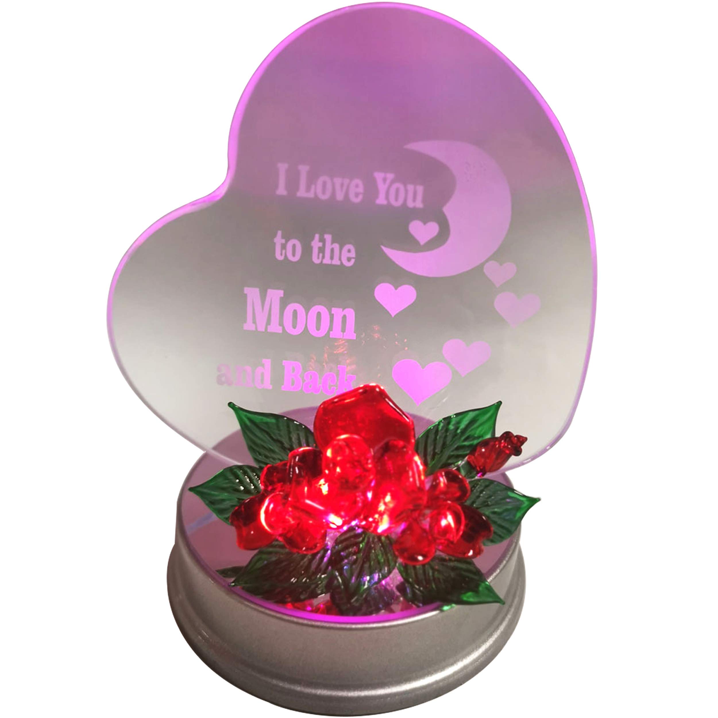 Online Street Mom I Love You to The Moon and Back | Color Changing LED Light Glass Heart Shaped Wedding Gift with Flower Decorated Base for Wedding Gift, Grandma Gift, Friends Gifts