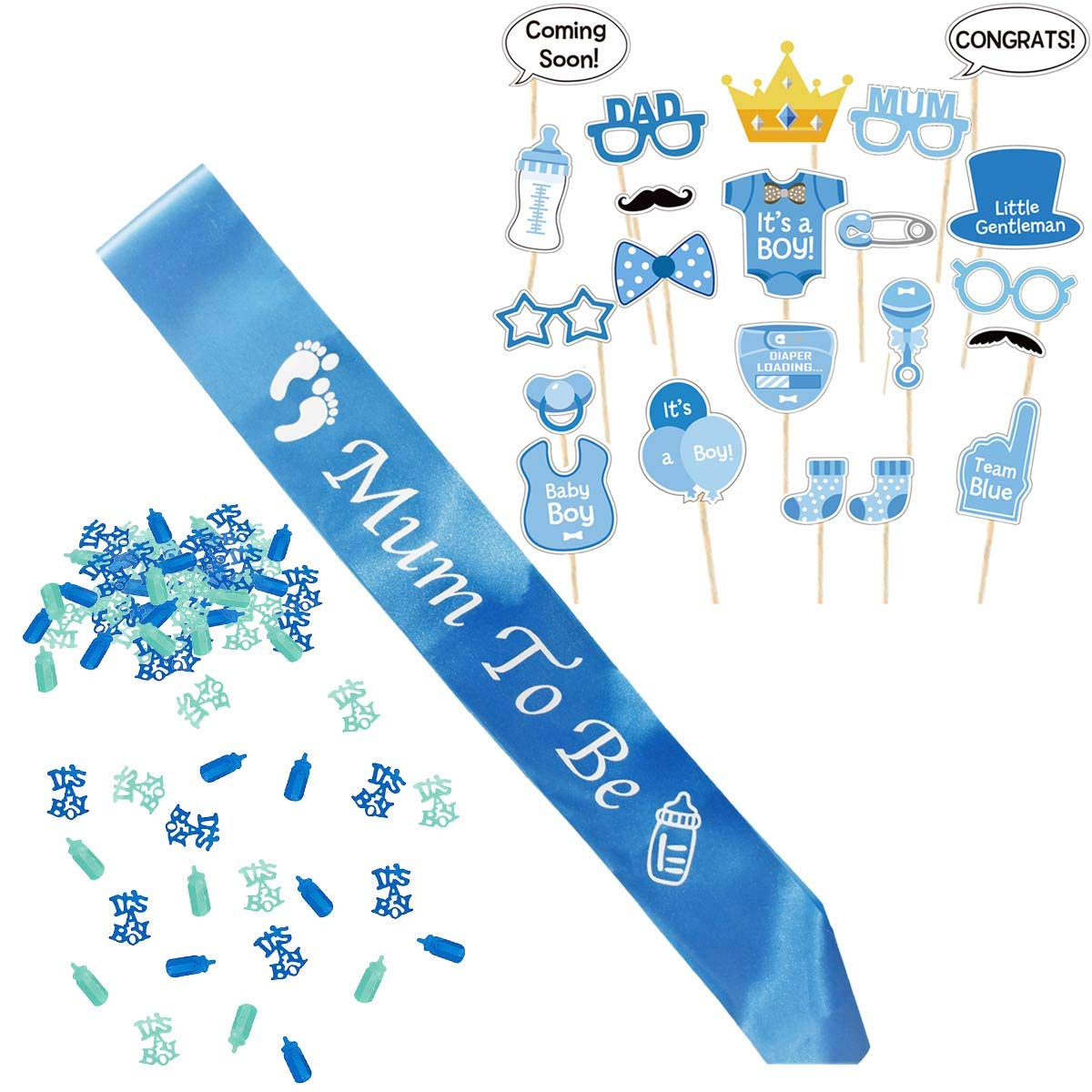 Jonami Boy Baby Shower Set, Mum to Be Blue Satin Sash, Photo Booth Props, It's a Boy Confetti Mix