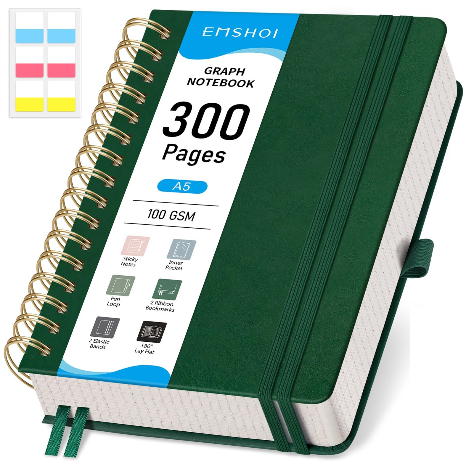 EMSHOI A5 Graph Paper Notebook, Spiral Notepad 150 Sheets/300 Pages, 100gsm, Hardback, Sticky Notes, Pocket, Pen Loop, Ruler, Bookmark, Squared Journal for Women Men Writing, 14.5 x 21cm, Green
