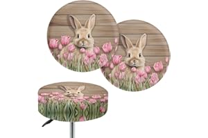 Wanzuoeng 2-Pack Easter Stool Covers Round, Rabbit Tulip Print Black Bar Stool Covers, Old Wood Pattern Stretchy Soft Stool Cushions Anti-Slip Elastic Bar Stool Slipcovers, 14-16inch