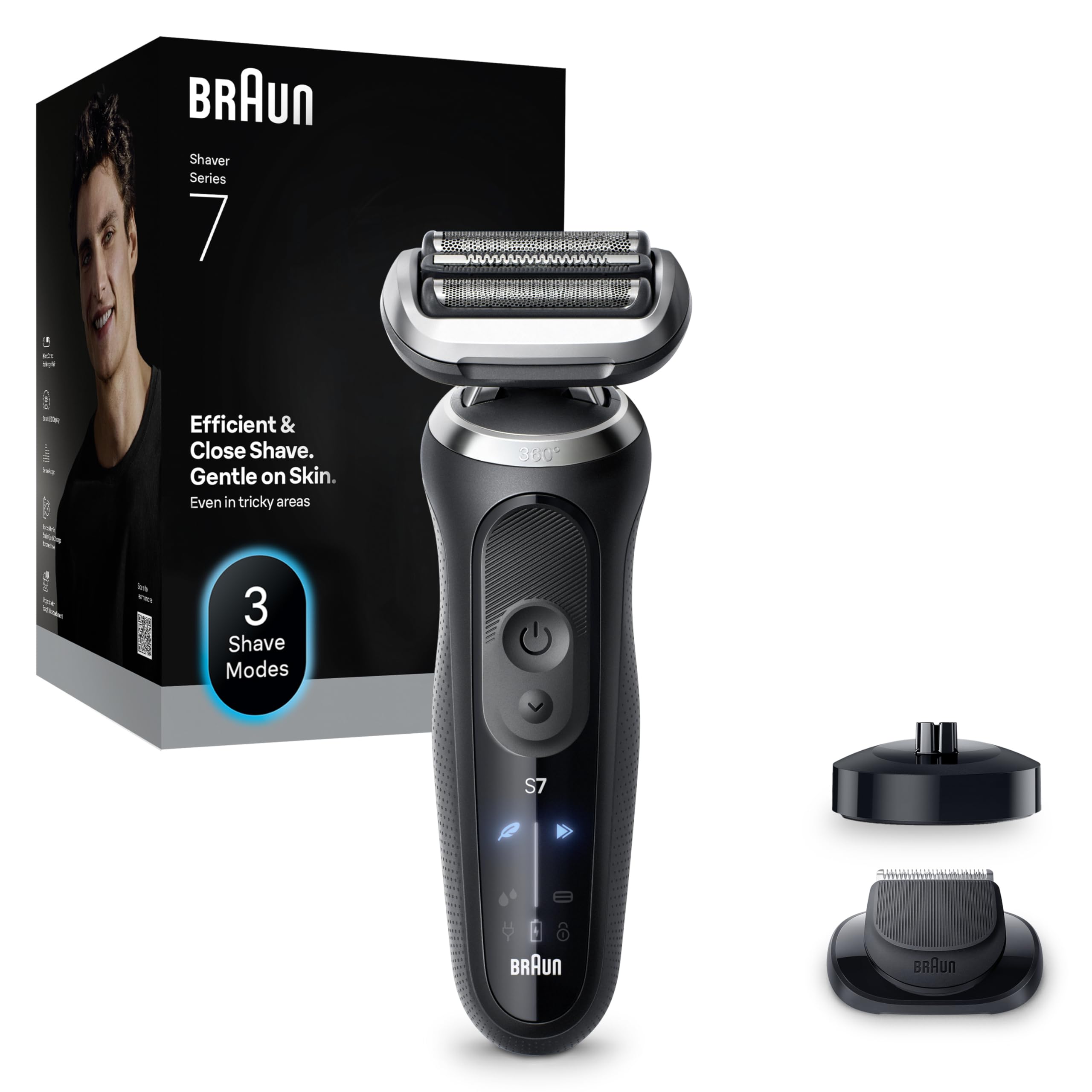 #Braun Series 7 Elektrorasierer, Rasierer Herren Elektrisch mit 60 Min. Akkulaufzeit, Ladeständer, +1 Aufsatz, Kabelloser Rasierap ...