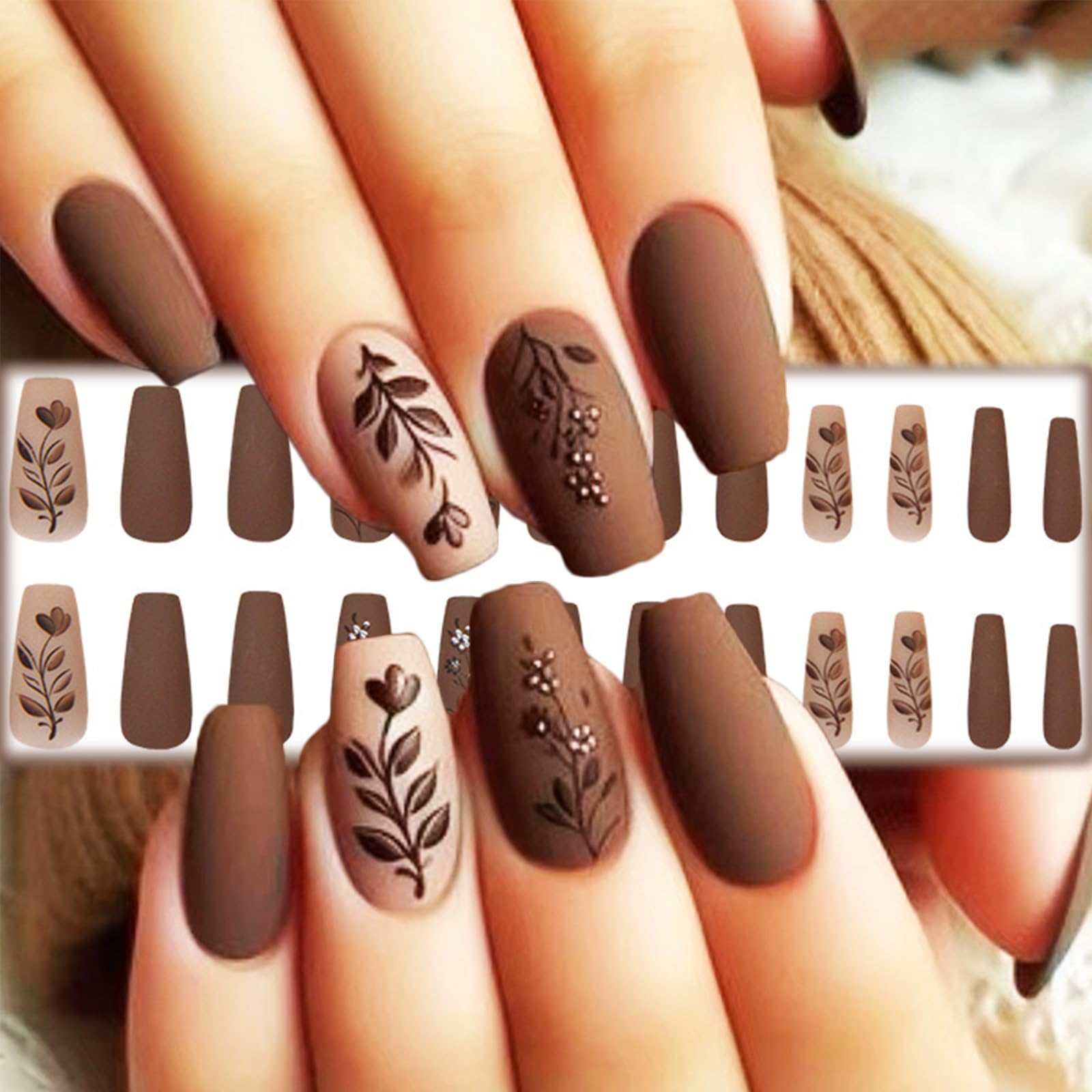 Brown Rose Press on Nails Medium Coffin Valentines Acrylic Fake Nails 24Pcs Glossy White Flower False Nails Leaves Stick on Nails Valentine's Day Gift Gel Glue on Nails for Women Girls - Image 4