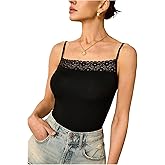 WDIRARA Women's Lace Trim Cami Top Square Neck Spaghetti Strap Slim Fitted Camisole Tops