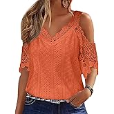 Flamingals Women's Cold Shoulder Eyelet Short Sleeve Hollow Out Lace Floral Sleeveless Blouse Top