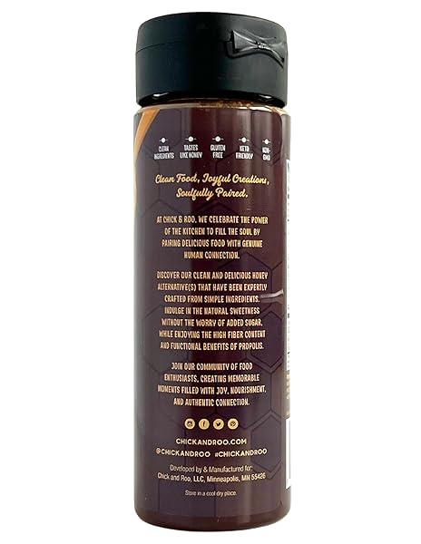CHICK & ROO ZERO SUGAR HONEY SUBSTITUTE – CLASSIC FLAVOR: NATURALLY ENRICHED WITH HONEY & PROPOLIS, SUGAR FREE, PREBIOTIC FIBER, LOW CARB, NON-GMO, GLUTEN-FREE, (1 BOTTLE, 10.5 FL OZ) (CACAO)