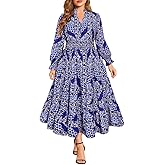 RITERA Plus Size Dresses Women Casual Fall Maxi Boho A Line Long Sleeve Ruffle V Ruffle V Neck Dress with Pocket XL-5XL