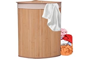 Clothes Basket, Bamboo Laundry Basket with Lid Fan-Shaped 14x14x24 Inch Laundry Hamper with Liner Clothes for Corner of Bedro