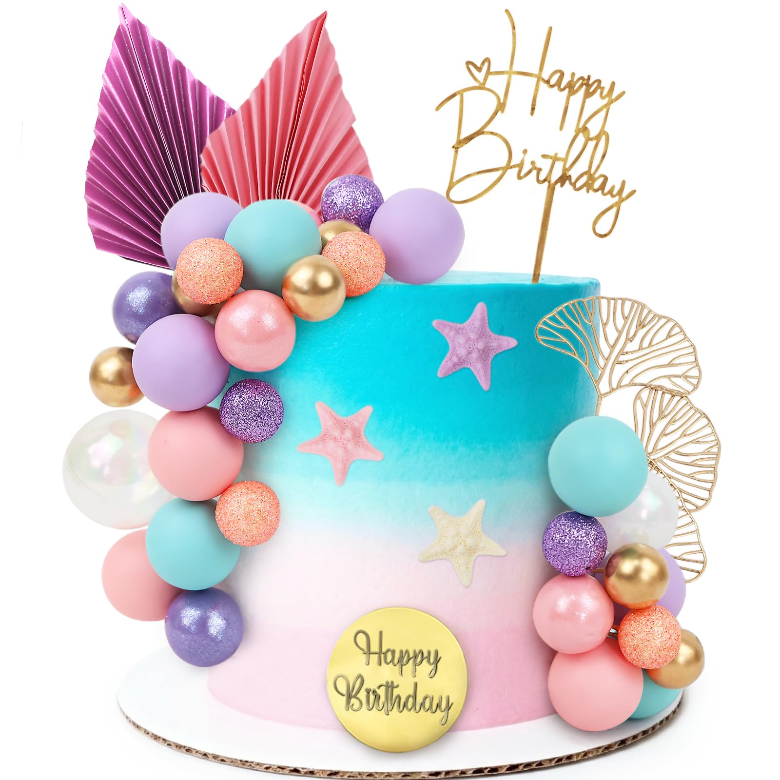 LARDUX 28 PCS Pink Purple Cake Decorations-Birthday Cake Toppers DIY Palm Leaves Boho Mini Balloon Cupcake Insert for Girl Women Birthday Party Decor (Pink Purple)