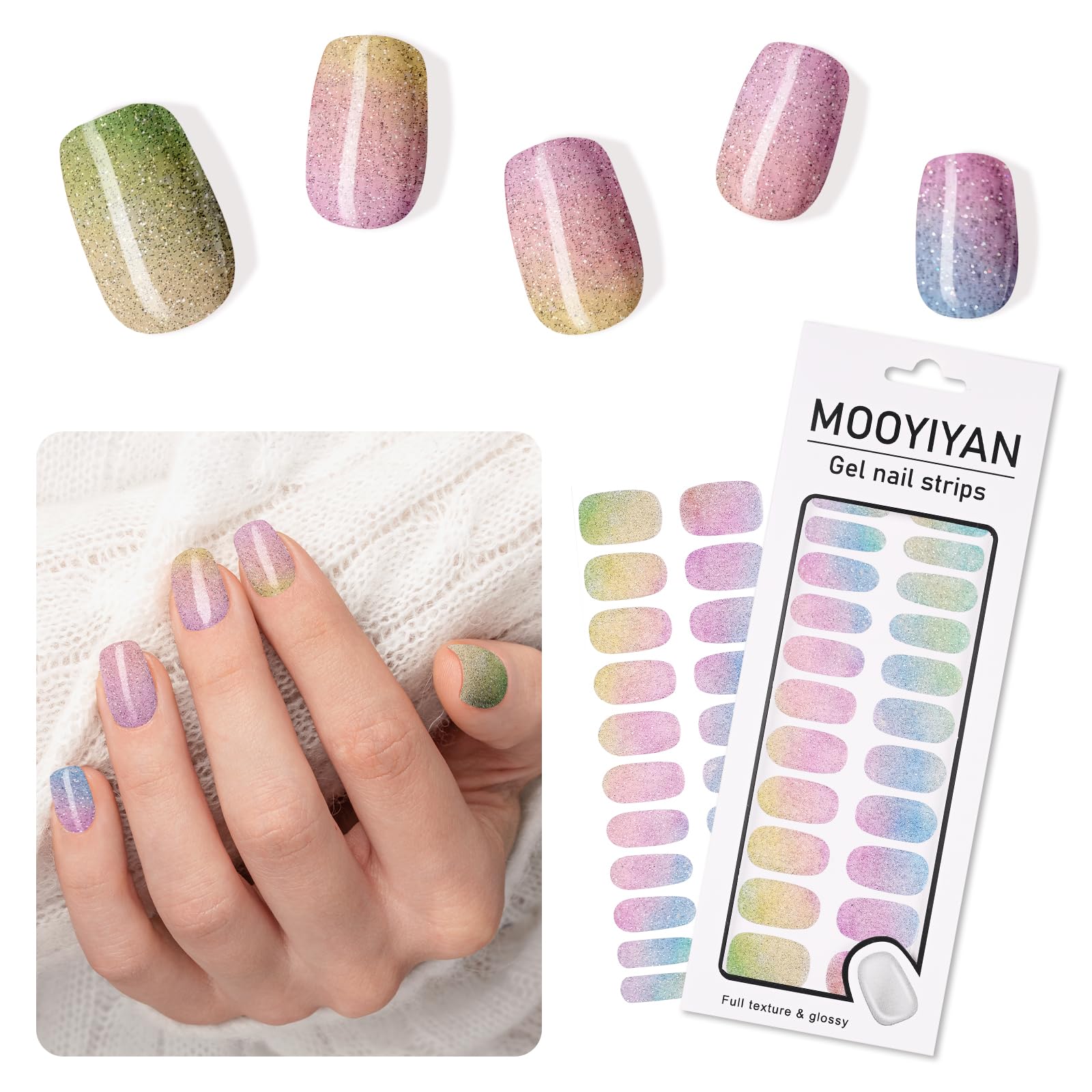 MOOYIYAN Gloss Nail Strips|Uv Free|22 Pcs,Gel Nail Stickers|Long Lasting Two Weeks and Easy to Apply&Remove|Fluid Gradient 1