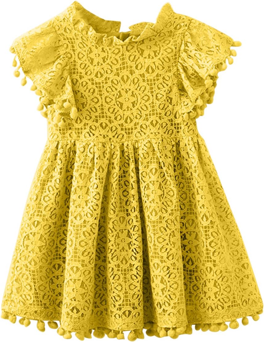 Kids Girl Hollow Lace Dress pom pom Short Sleeve Princess Frilled Waist Dress