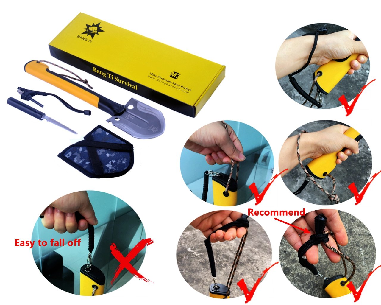 BANG TI 10 in 1 Utility Shovel Light Weight Outdoor Camping Tool w/Multi Knife Magnesium Rod and Head Cover (Yellow)