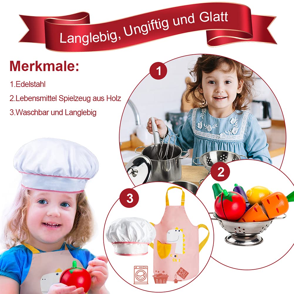 Sundaymot Küchenspielzeug Zubehör, Kinderküche Kochgeschirr Mit Edelstahl Töpfe Pfannenset, Schürze und Kochmütze, Gemüse Lebensmittel Spielzeug Rollenspiele Set für Mädchen Jungen 5