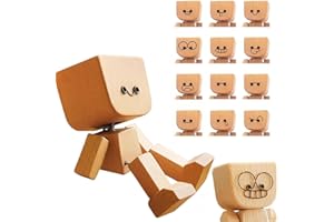 Shaking Wooden Man Figurine for Car Dashboard Decor with 12 Magnetic Expressions, Fun Dancing Feet Doll, Perfect Car Ornament