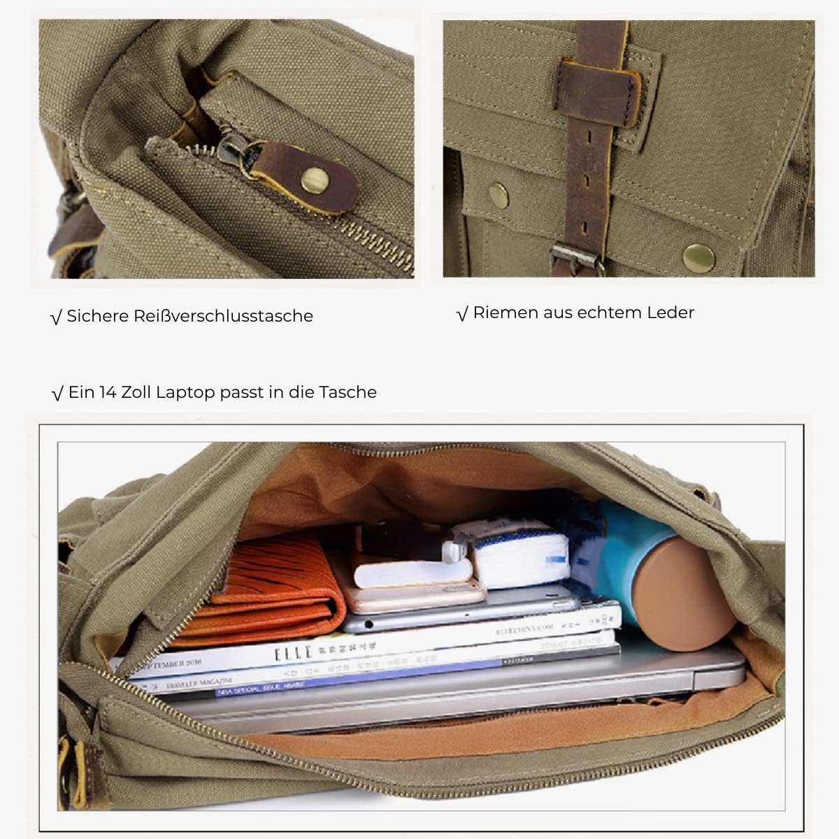 Eysee Schultertasche Herren Canvas-Umhängertasche Daypack für Alltag und Sport 35cm (L) X 30cm(H) X 10cm(W) (Grün) 5